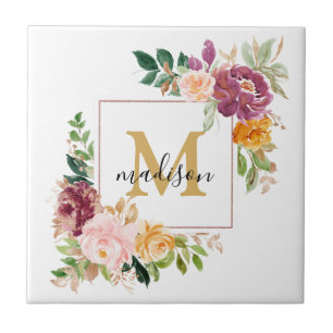 Monogram Elegant Watercolor Rose Floral Botanical Ceramic Tile