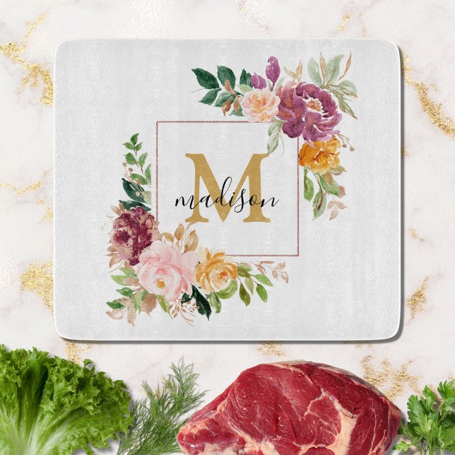Monogram Elegant Watercolor Rose Floral Botanical Cutting Board (In situ)