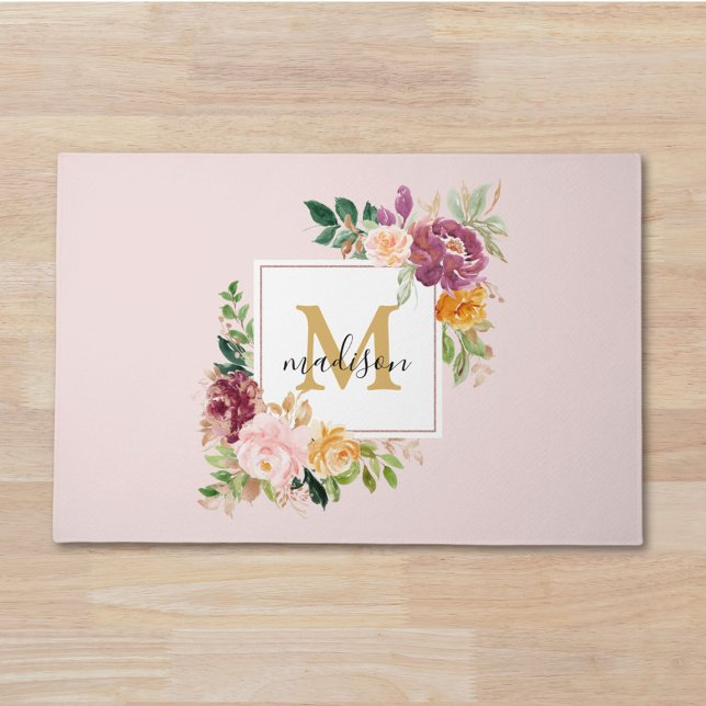 Monogram Elegant Watercolor Rose Floral Botanical Doormat (In situ)