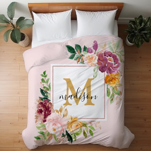 Monogram Elegant Watercolor Rose Floral Botanical Duvet Cover