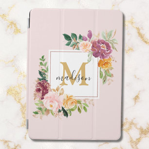 Monogram Elegant Watercolor Rose Floral Botanical iPad Mini Cover