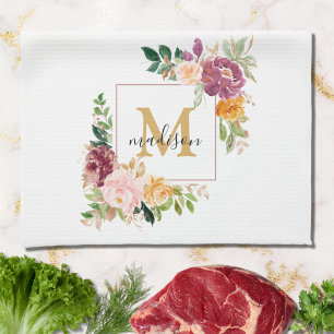 Monogram Elegant Watercolor Rose Floral Botanical Kitchen Towel