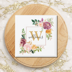 Monogram Elegant Watercolor Rose Floral Botanical Magnet