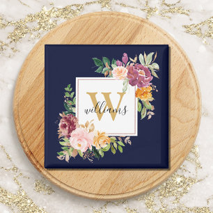 Monogram Elegant Watercolor Rose Floral Botanical Magnet