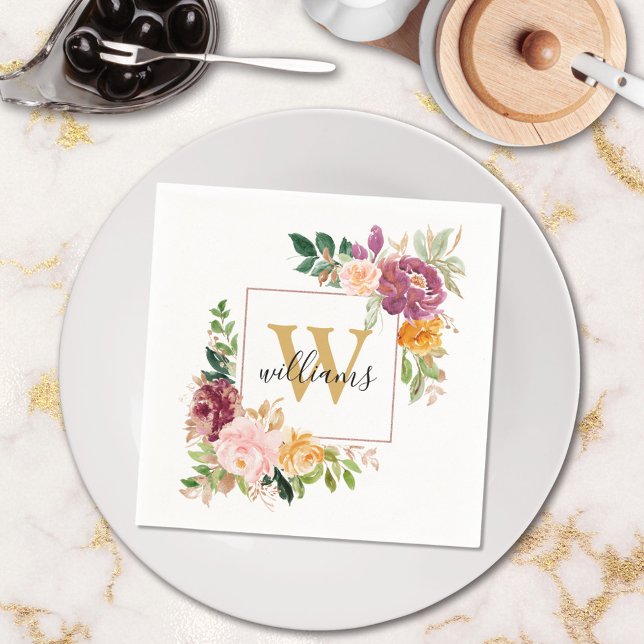 Monogram Elegant Watercolor Rose Floral Botanical Napkins (In situ)