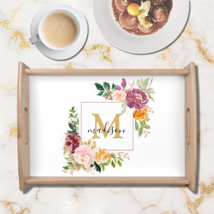 Monogram Elegant Watercolor Rose Floral Botanical Serving Tray