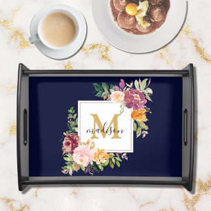 Monogram Elegant Watercolor Rose Floral Botanical Serving Tray