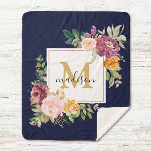 Monogram Elegant Watercolor Rose Floral Botanical Sherpa Blanket