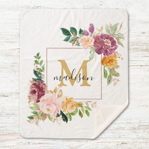 Monogram Elegant Watercolor Rose Floral Botanical Sherpa Blanket