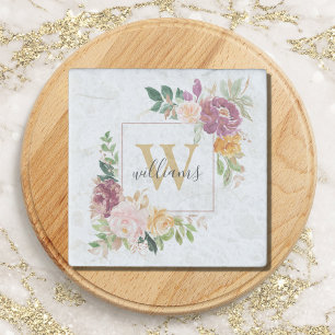 Monogram Elegant Watercolor Rose Floral Botanical Stone Magnet