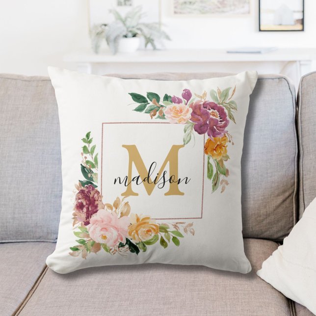 Monogram Elegant Watercolor Rose Floral Botanical Throw Pillow (In situ)