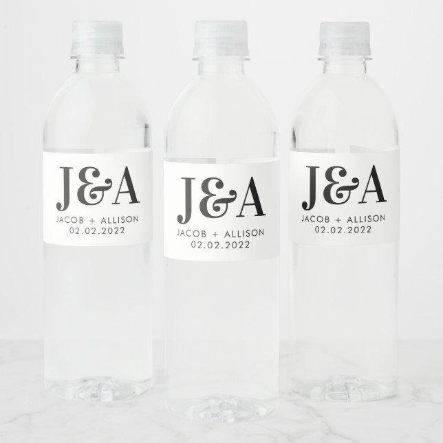 monogram elegant  wedding favor bridal party  water bottle label (Bottles)