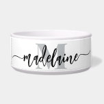 Monogram Elegant White Black Personal Bowl<br><div class="desc">An elegant monogram with your personal name.
the background is white with your name in a modern black script font. 
Your initial is in a soft grey color.</div>