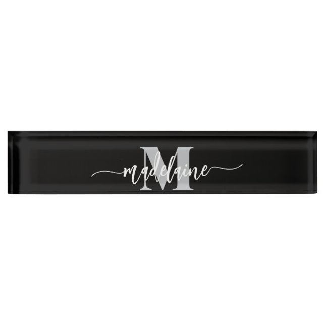 Monogram Elegant White Black Personal Desk Name Plate (Front)