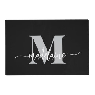 Monogram Elegant White Black Personal Placemat
