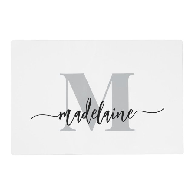 Monogram Elegant White Black Personal Placemat (Front)