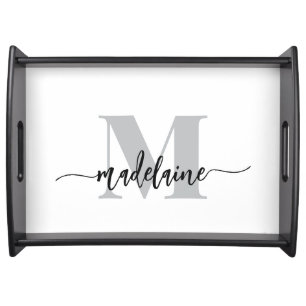 Monogram Elegant White Black Personal Serving Tray