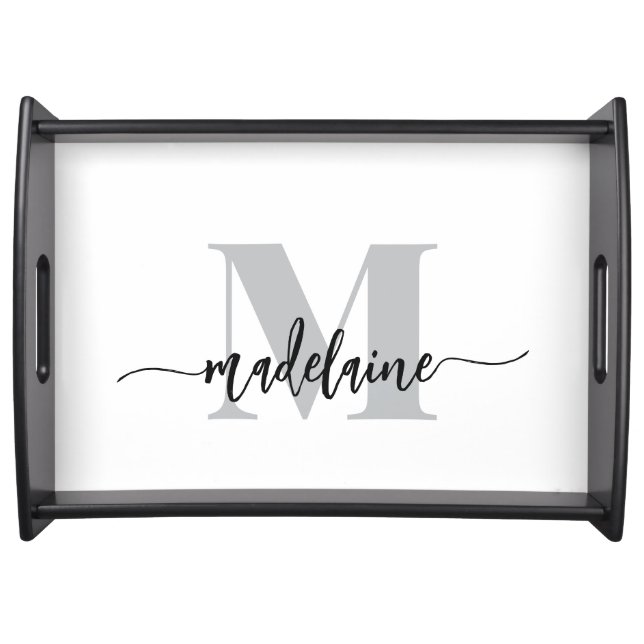 Monogram Elegant White Black Personal Serving Tray (Front)