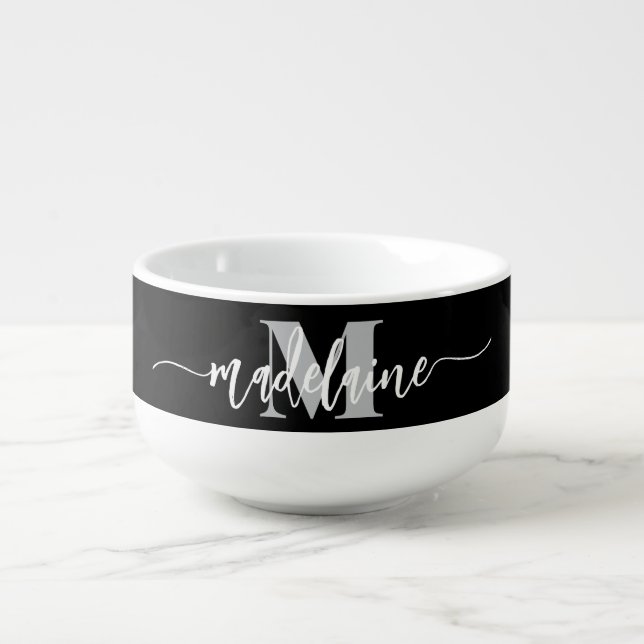 Monogram Elegant White Black Personal Soup Mug (Front)