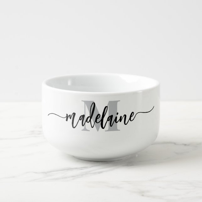 Monogram Elegant White Black Personal Soup Mug (Front)