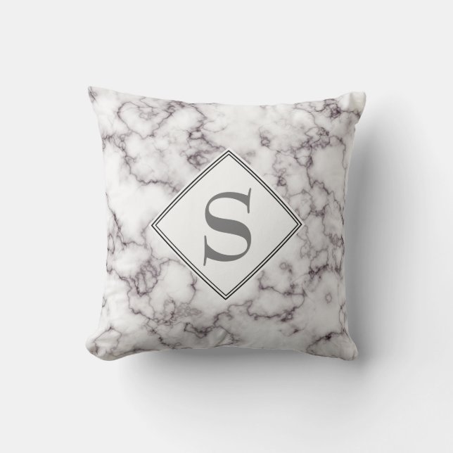 Monogram Elegant White Marble and Gray Throw Pillow (Front)