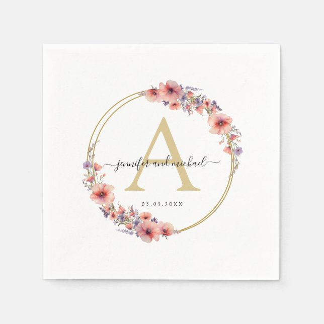 Monogram, elegant, wildflower, circle wedding  napkins (Front)