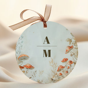 Monogram Elegant Woodland Mushroom Fern Wedding Classic Round Sticker