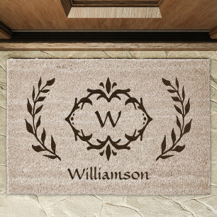 Monogram Elegant Wreath Welcome Name Initial Coir Fiber Doormat