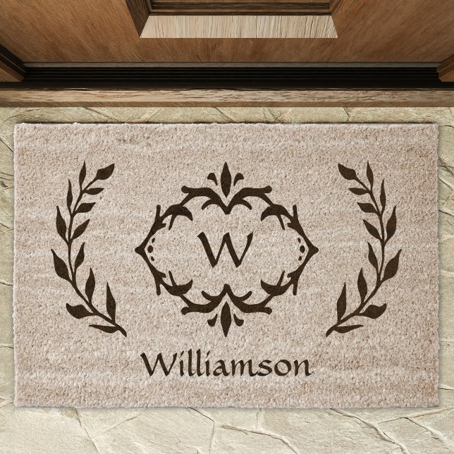 Monogram Elegant Wreath Welcome Name Initial Coir Fiber Doormat (Custom Monogram Elegant Wreath Welcome Name Coir Fiber Doormat)