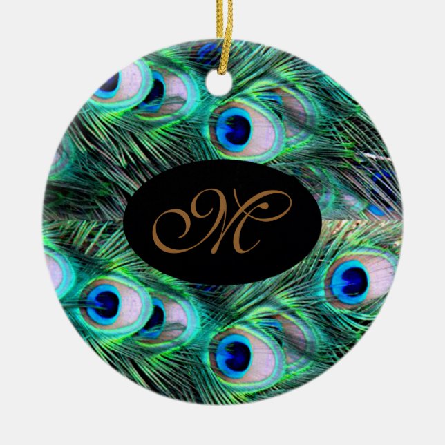 Monogram Elegant Xmas Holiday Peacock Wedding Ceramic Ornament (Front)