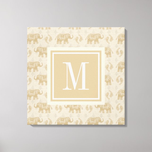 Monogram | Elephant Khaki Caravan Pattern Canvas Print (Front)