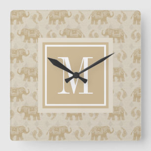Monogram Elephant Khaki Caravan Pattern Square Wall Clock