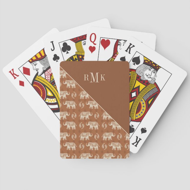 Monogram | Elephant Orange Caravan Pattern Poker Cards (Back)