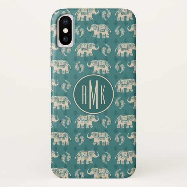 Monogram | Elephant Teal Caravan Pattern Case-Mate iPhone Case (Back)