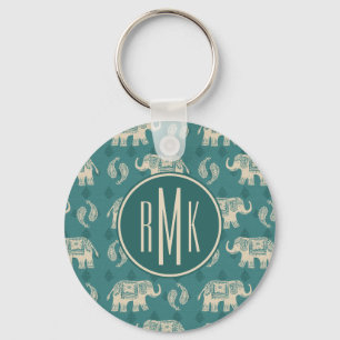 Monogram Elephant Teal Caravan Pattern Keychain