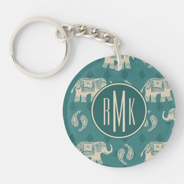 Monogram | Elephant Teal Caravan Pattern Keychain (Front)