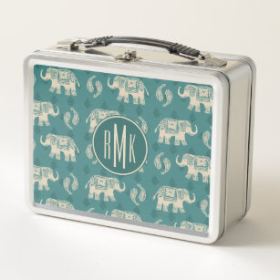 Monogram   Elephant Teal Caravan Pattern Metal Lunch Box