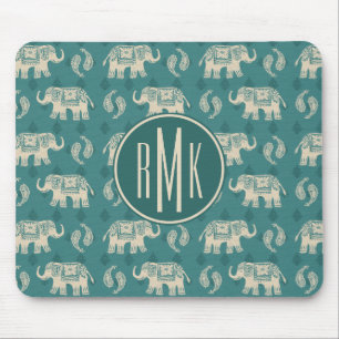 Monogram Elephant Teal Caravan Pattern Mouse Pad
