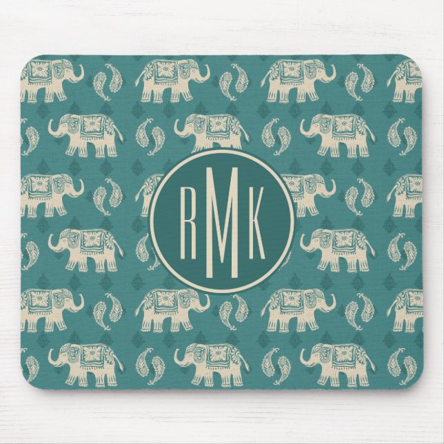 Monogram | Elephant Teal Caravan Pattern Mouse Pad (Front)