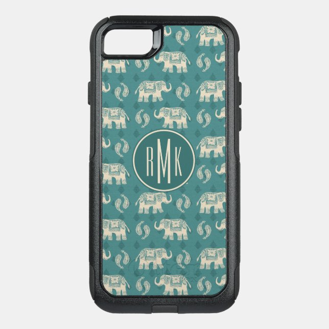 Monogram | Elephant Teal Caravan Pattern Otterbox iPhone Case (Back)