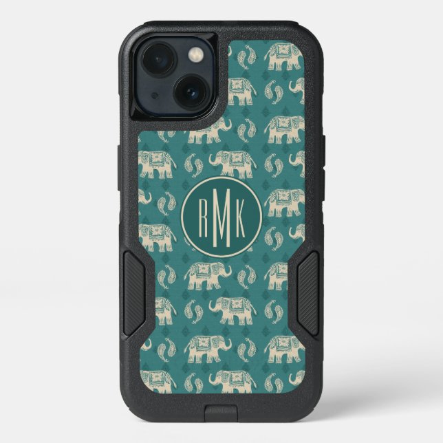 Monogram | Elephant Teal Caravan Pattern Otterbox iPhone Case (Back)