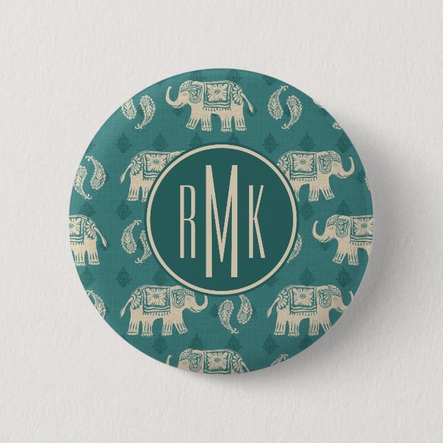 Monogram | Elephant Teal Caravan Pattern Pinback Button (Front)