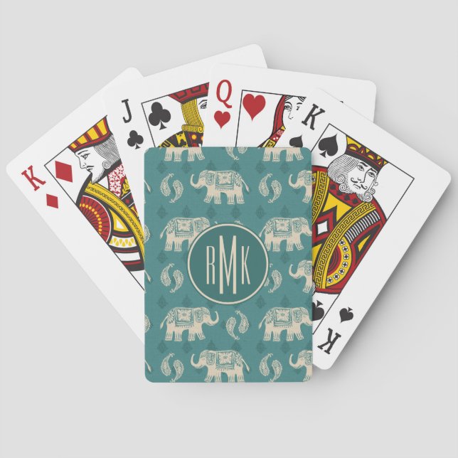Monogram | Elephant Teal Caravan Pattern Poker Cards (Back)