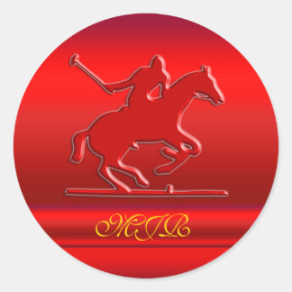 Monogram Embossed Polo Rider, red metal-effect Classic Round Sticker