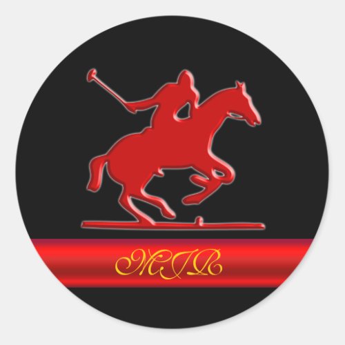 Monogram Embossed Polo Rider red metal_effect Classic Round Sticker
