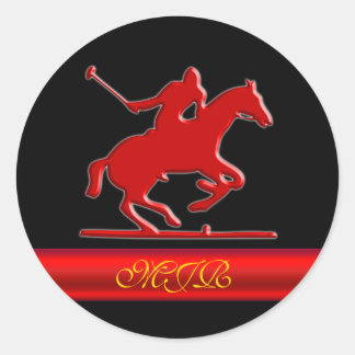 Monogram Embossed Polo Rider, red metal-effect Classic Round Sticker