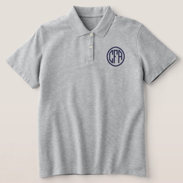 Monogram Embroidered Block Font Navy Blue Gray Polo Shirt (Design Front)