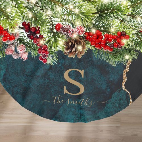 Monogram Emerald Green Agate Marble Gold Christmas Brushed Polyester Tree Skirt