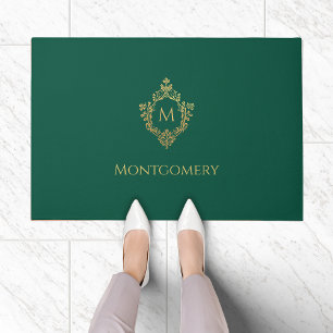 Monogram Emerald Green Faux Gold Vintage Crest Doormat