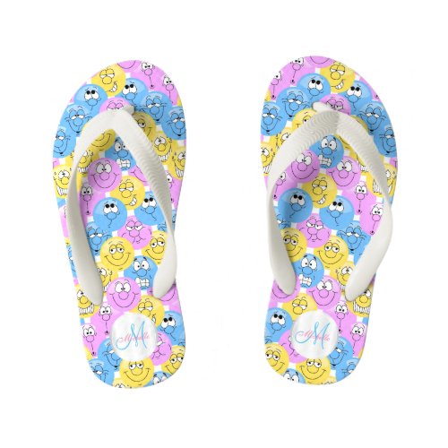 Monogram _ Emoji Design Funny Pastel Faces Kids Flip Flops